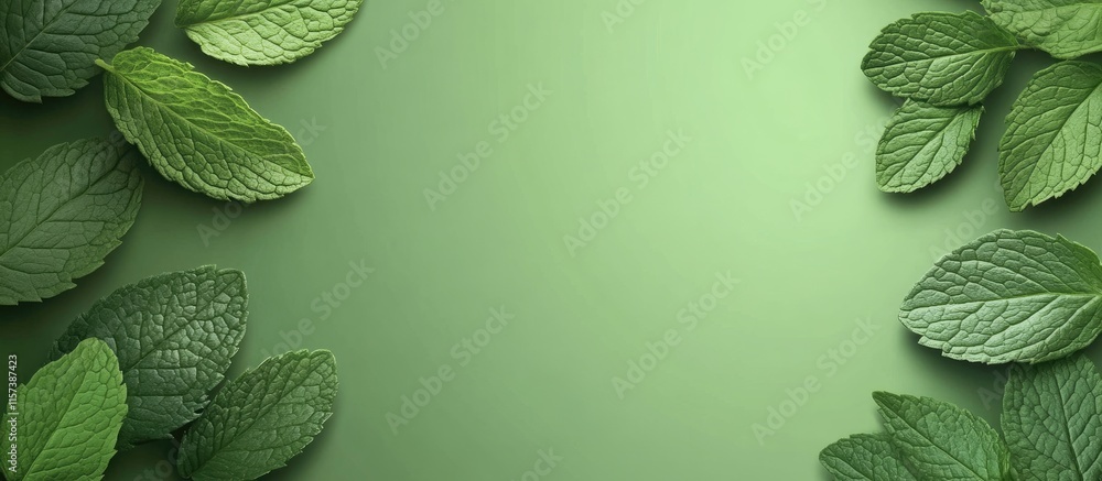 Poster mint leaf arrangement on green background for text space with isometric style design suitable for fr