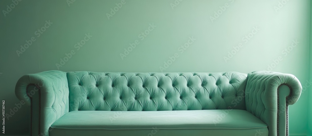 Poster mint green tufted sofa in a serene and stylish living room featuring a minimalist design with ample 
