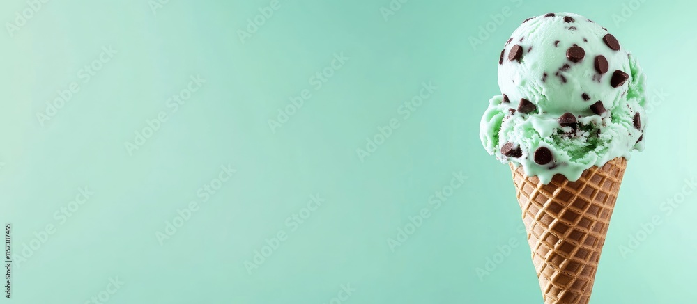 Poster mint chocolate chip ice cream cone on a pastel green background with ample space for text and design