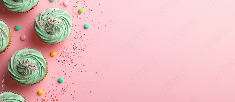 Aufkleber mint green cupcakes topped with colorful sprinkles on a pink background with ample blank space for c