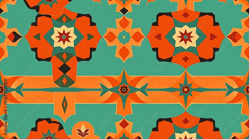 Poster abstract geometric pattern: vibrant hues of orange, teal, and brown intertwine in a mesmerizing kale