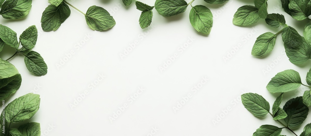 Poster fresh mint leaves arranged elegantly on a white background providing ample space for text or brandin