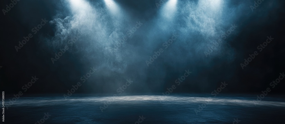 Poster dramatic empty stage illuminated by spotlights creating a mysterious atmosphere with space for custo