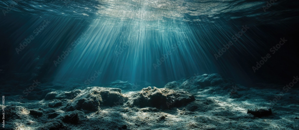 Poster submerged forest underwater scene with ethereal lighting and empty space for text or overlay design