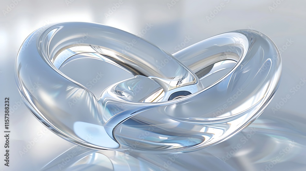 Poster shiny, intertwined chrome or silver abstract shape resting on a reflective surface, conveying concep