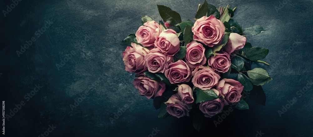 Poster elegant overhead view of a vibrant rose bouquet arranged with greenery and featuring ample space for
