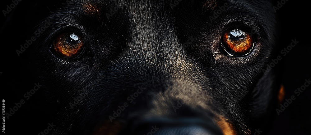 Poster close up portrait of a rottweiler dog showcasing detailed features with dark background and ample co