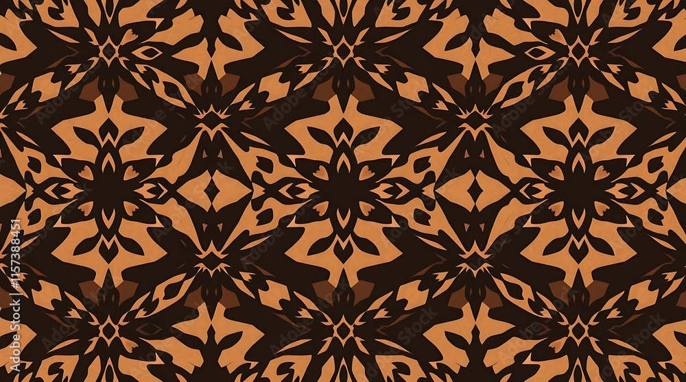 Poster abstract geometric pattern: a seamless pattern of intricate, symmetrical designs in shades of brown.