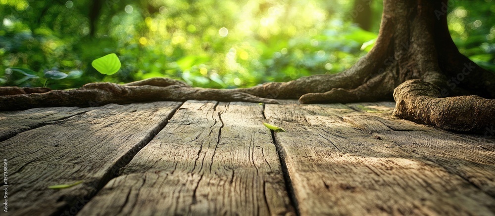 Poster close up of weathered tree roots on old planks in a lush rainforest with soft sunlight and empty spa