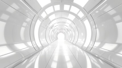 Obraz premium Bright, all-white futuristic tunnel with circular light panels along the walls, creating a sense of depth and modern design.