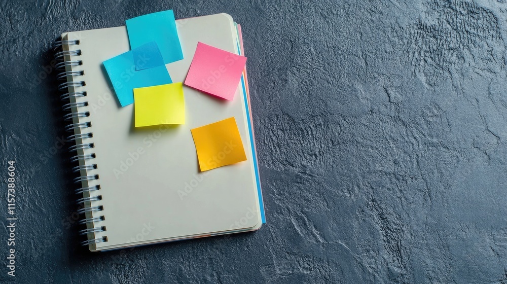 Poster spiral bound notebook with colorful sticky notes positioned on a textured dark grey background for c
