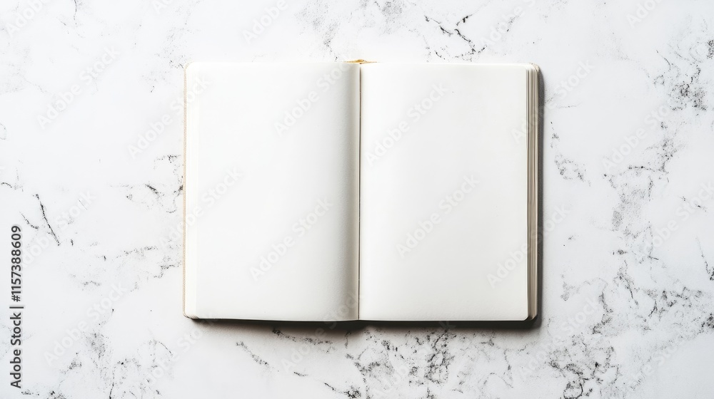 Poster open blank textbook on a textured marble background for educational or creative content design and l