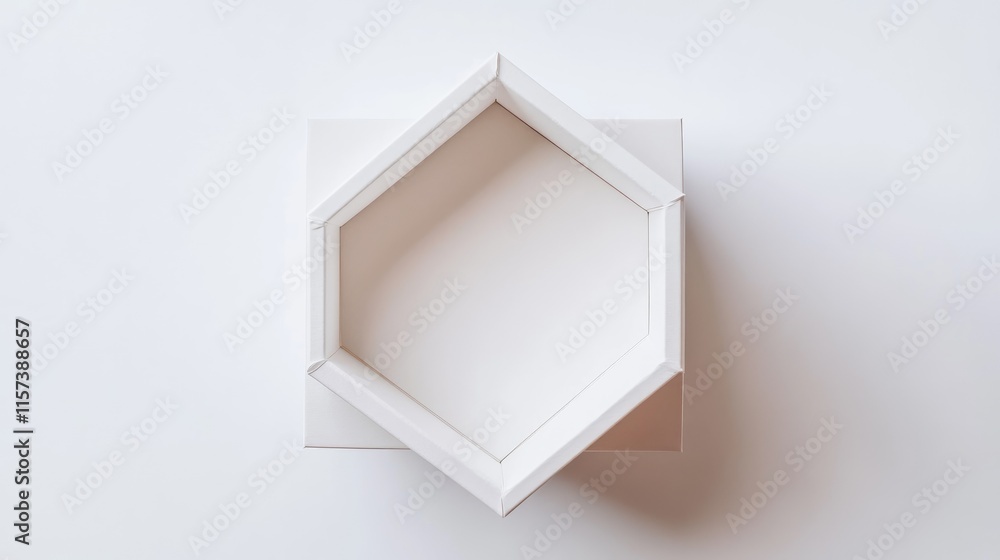Poster hexagonal white box viewed from above on a plain white background showcasing minimalist design and e