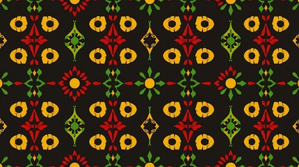 Fototapeta premium Vibrant Ikat Textile Pattern: Red, Yellow, and Green on Black 