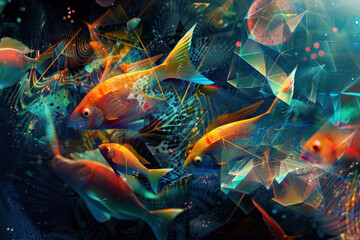 Fototapeta premium An artistic concept of marine life merging into abstract geometric shapes under bioluminescent light