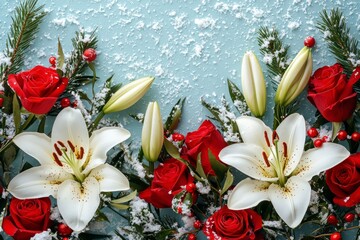 Festive Christmas Floral Arrangement with Red Roses and White Lilies Surrounded by Snowflakes on a Blue Background Perfect for Holiday Decorations and Greeting Cards