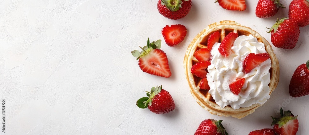 Aufkleber waffle filled with fresh strawberries and whipped cream on a white background with space for text in