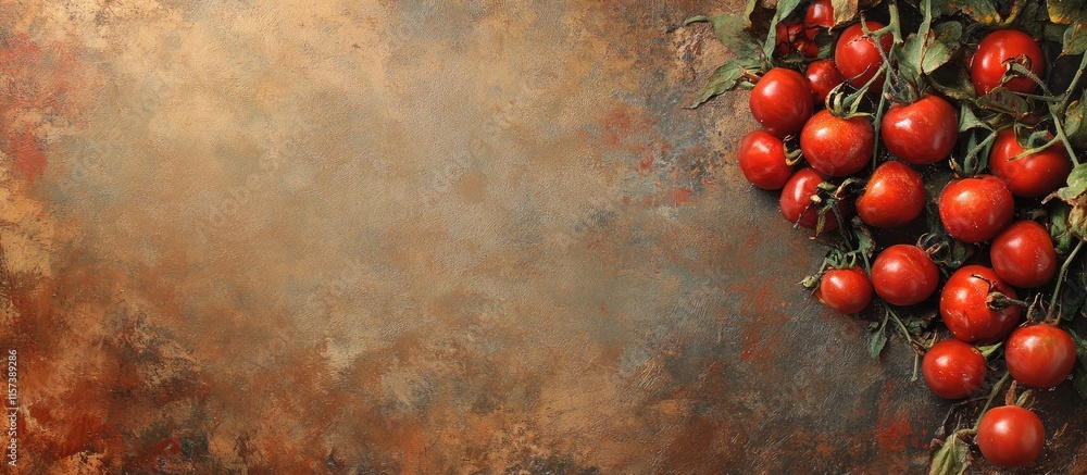 Poster cherry tomatoes on rustic background with space for creative text or branding layout
