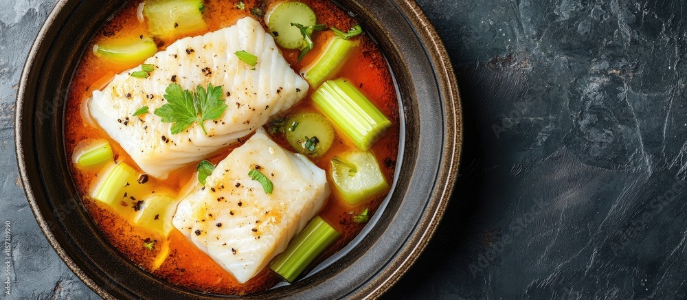 Poster oven poached cod in tomato broth with fresh celery and herbs ready for presentation and text overlay