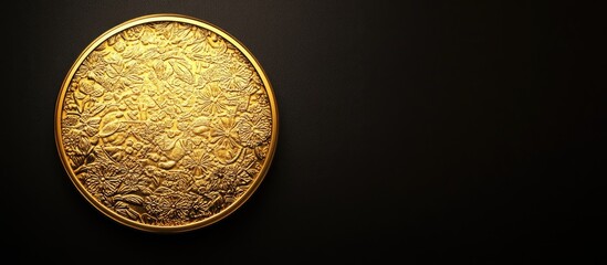 Golden coin with intricate design and shiny finish on a dark background symbolizing wealth and prosperity with space for text insertion