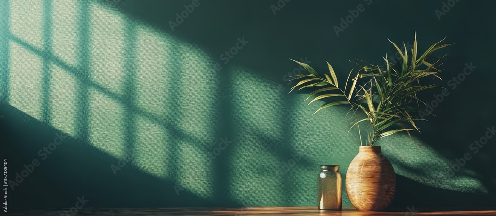 Poster serene green bamboo backdrop with natural shadows and empty space for text in a minimalist interior 