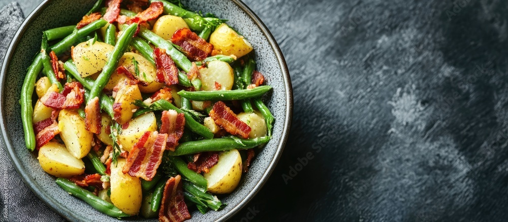 Poster green bean potato salad with crispy bacon on dark surface with empty space for text and branding