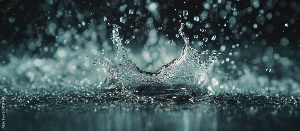 Poster high speed capture of raindrop impact creating splashes on water surface with space for text overlay