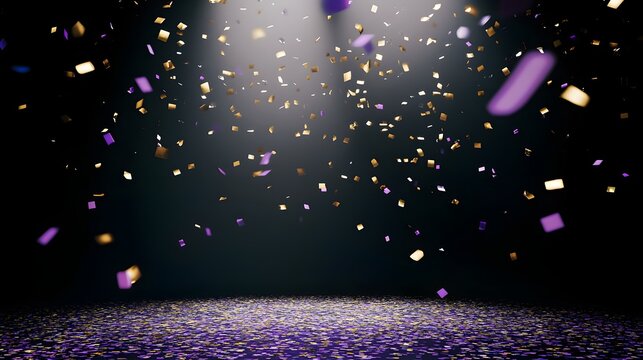 Gold and Purple Confetti Falling on Dark Stage