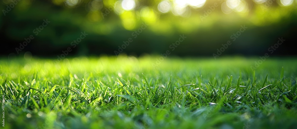 Poster lush green grass with soft bokeh sunlight creating a serene summer atmosphere perfect for overlaying