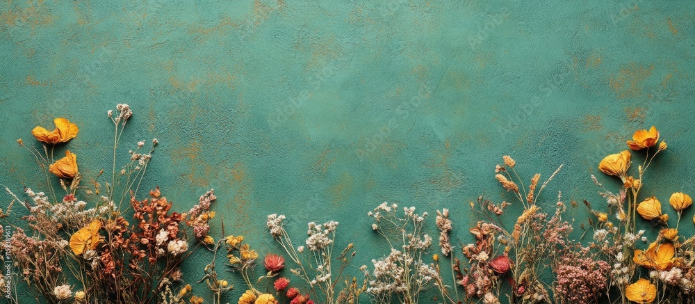 Poster dried flowers on a green backdrop creating an elegant space for text and design elements in a vintag