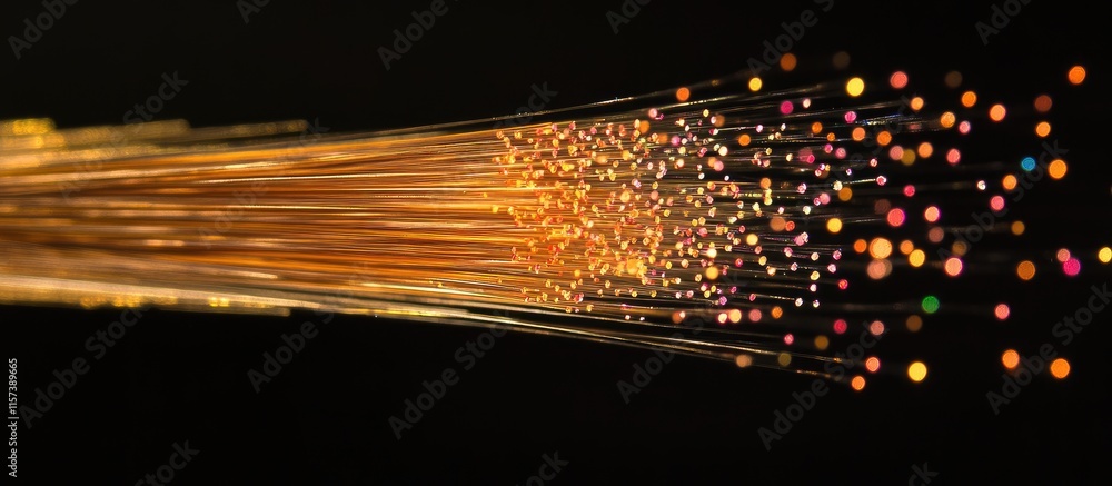 Poster high speed fiber optic internet cable with colorful light particles on a dark background creating a 