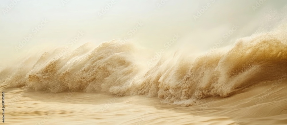 Poster dynamic wind-driven waves crashing on sandy shore with ample space for text and design elements for 