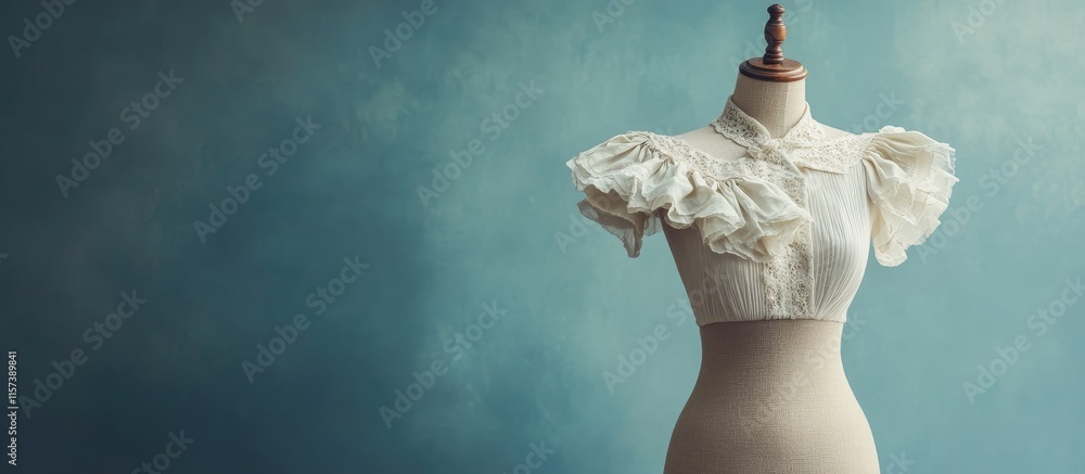 Poster handcrafted unique blouse displayed on mannequin against textured background with space for text or 
