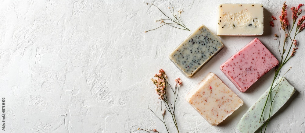 Aufkleber handcrafted artisanal soap bars arranged on a textured white background with space for customization