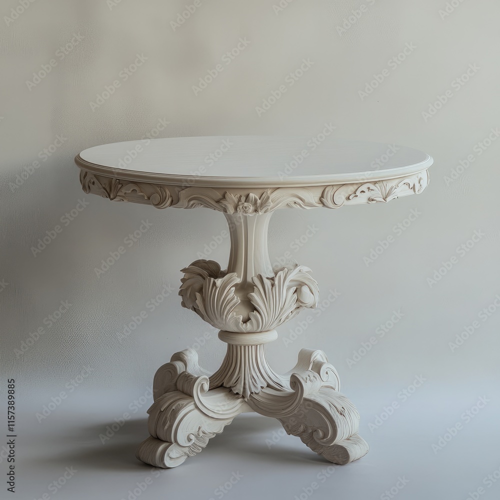 Poster elegant handcrafted white wooden table with intricate design against a marble floor featuring ample 