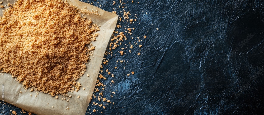 Poster handful of breadcrumbs on parchment paper with textured dark background and space for your creative 