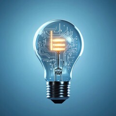 Illuminated lightbulb with circuit board design inside, forming the letter 'E'.