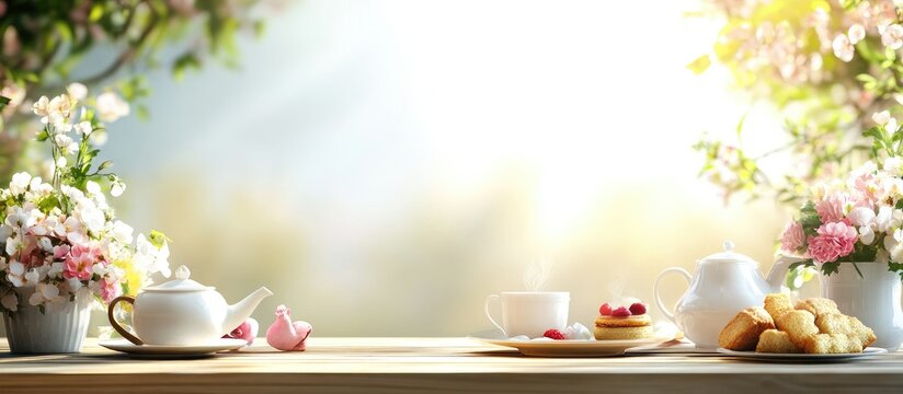 Elegant high tea setting on a garden table with floral arrangements and pastries ideal for promotional or editorial use.