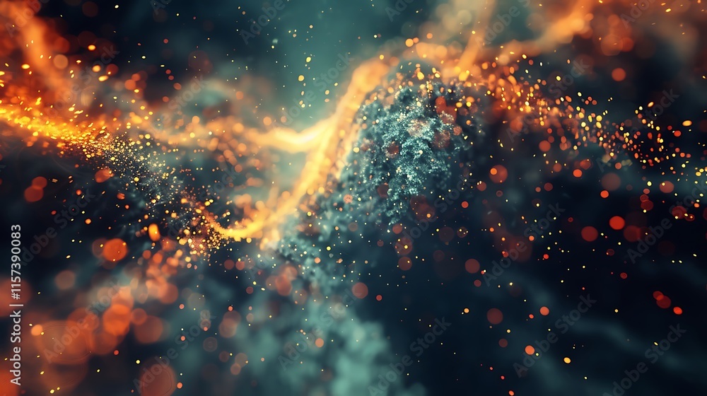 Poster abstract digital rendering of swirling orange and blue particles creating a dynamic, nebulous effect