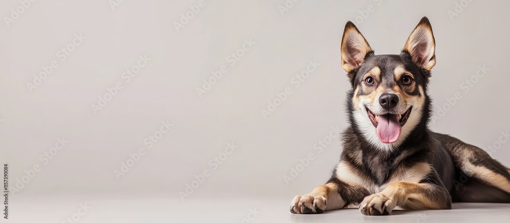 Poster cheerful mixed breed dog resting on the floor with ample space for text and design elements in a bri