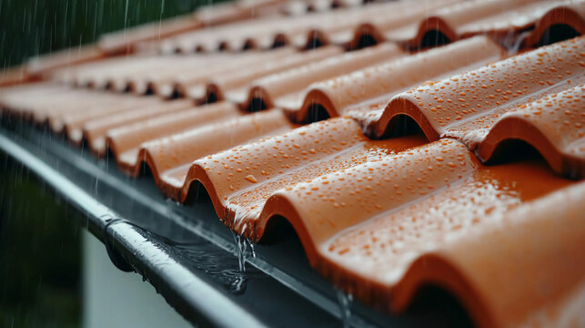 A close-up of a terracotta roof with water droplets, showcasing the texture and pattern as rain falls.