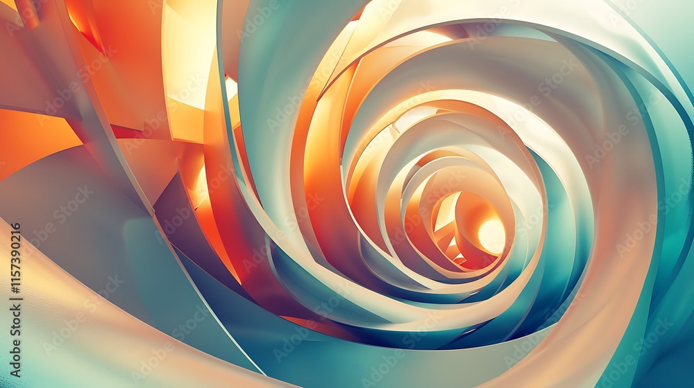 Poster abstract swirling tunnel of orange and blue metallic shapes creating a dynamic and modern visual.