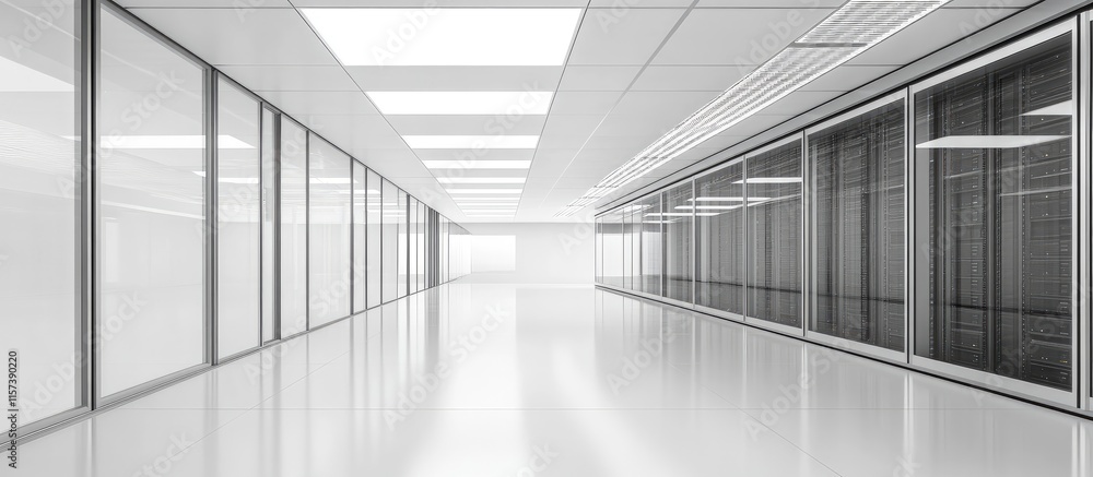 Poster modern server room with sleek glass walls and empty space for text showcasing advanced technology an