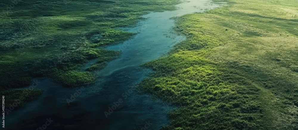 Poster aerial view of serene rural landscape featuring lush greenery and a tranquil waterway with ample spa