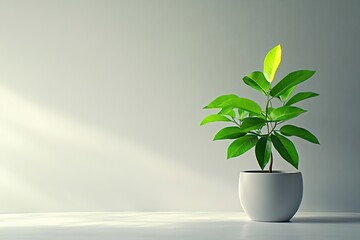 simple composition of potted plant with vibrant green leaves placed slightly off-center on clean white surface
