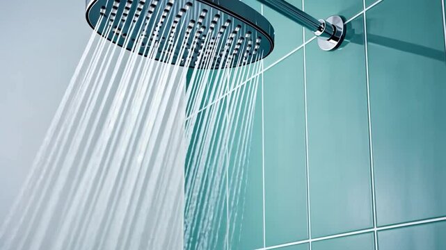 Refreshing Showerhead: Teal Tiles and cascading water. Close-up view of a modern rainfall showerhead in a spa-like bathroom setting.