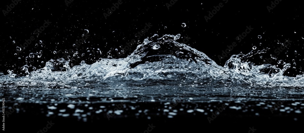 Poster high speed capture of raindrop impact creating dynamic water splash against a dark background with s