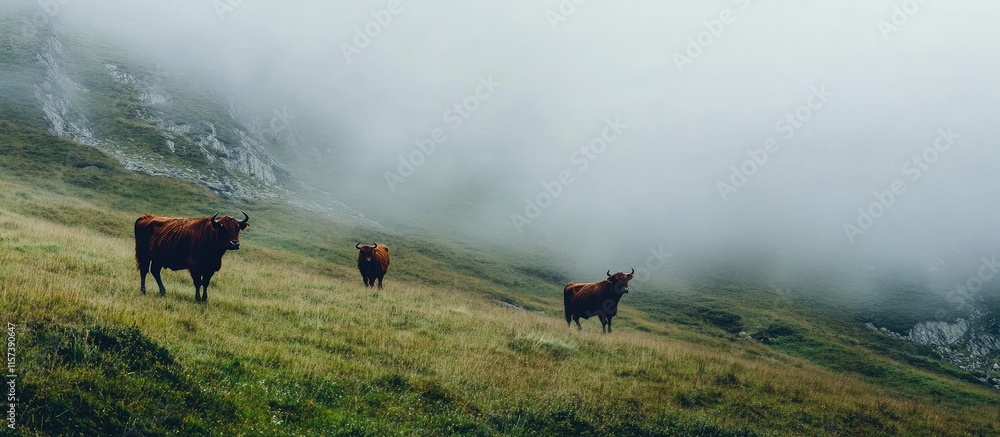 Aufkleber highland cattle grazing in misty mountain landscape with ample space for text and design elements