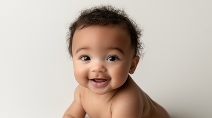 A smiling baby with curly hair, showcasing joy and innocence.