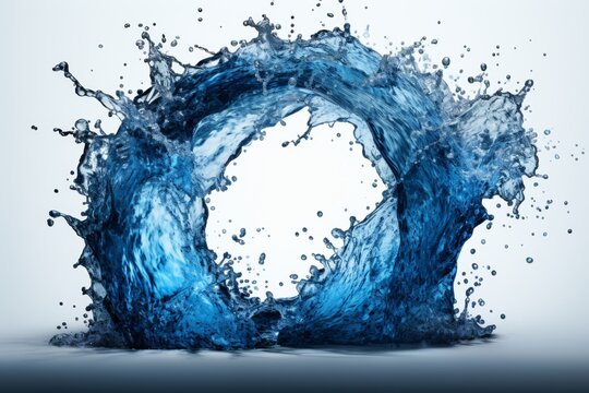 Minimalist waterfall art  shades of blue with bright yellow splashes on a white background